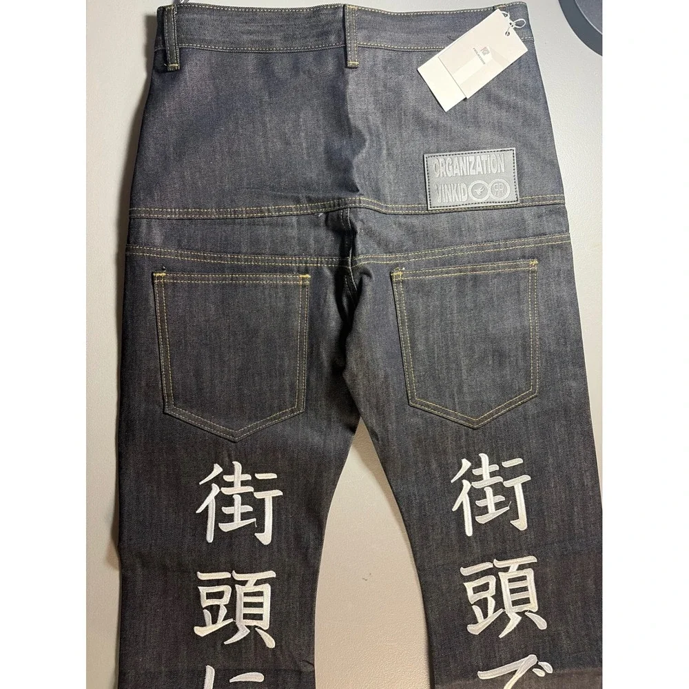 VINKID Kanji Graphic Jeans Mens Small Dark Indigo Wide Leg Streetwear Denim